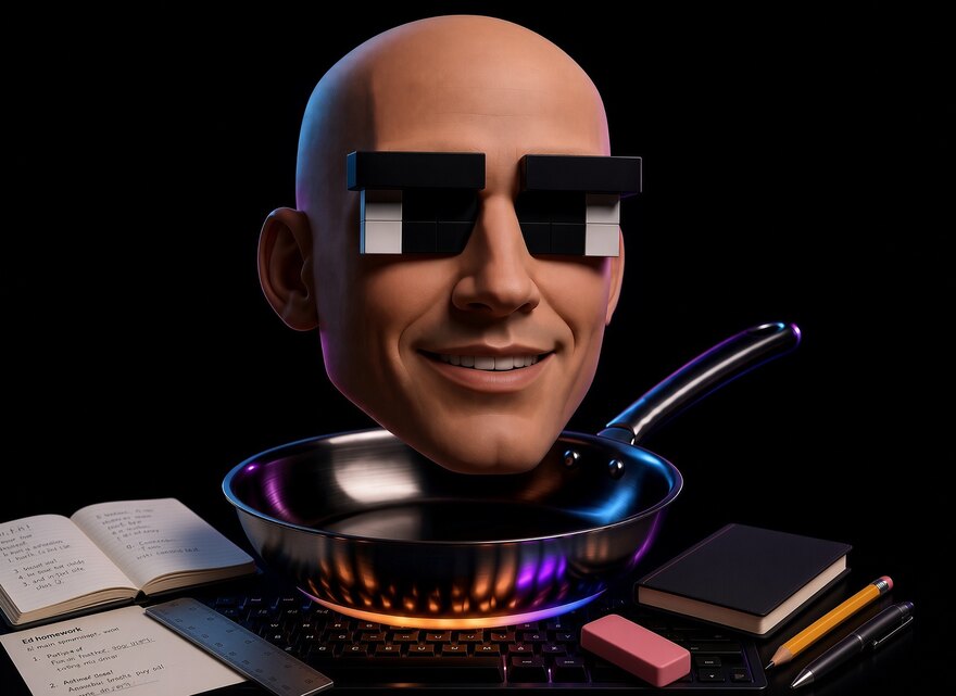 Logo rentrée Pwogamweur : tête à lunettes pixel au-dessus d'une poêle, posée sur un bureau d'écolier